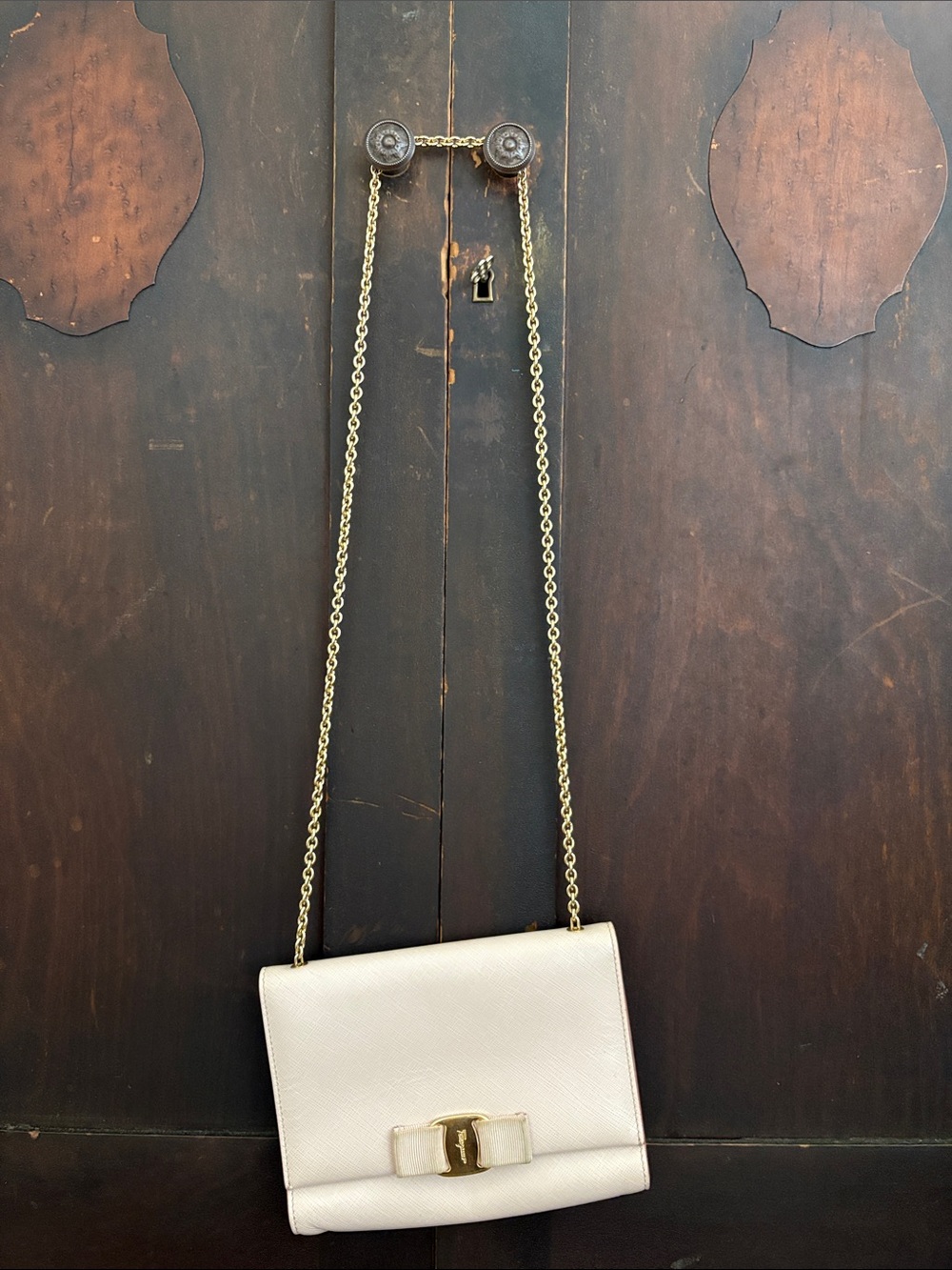 Salvatore Ferragamo Pink Leather Crossbody with Gold Bow Accent